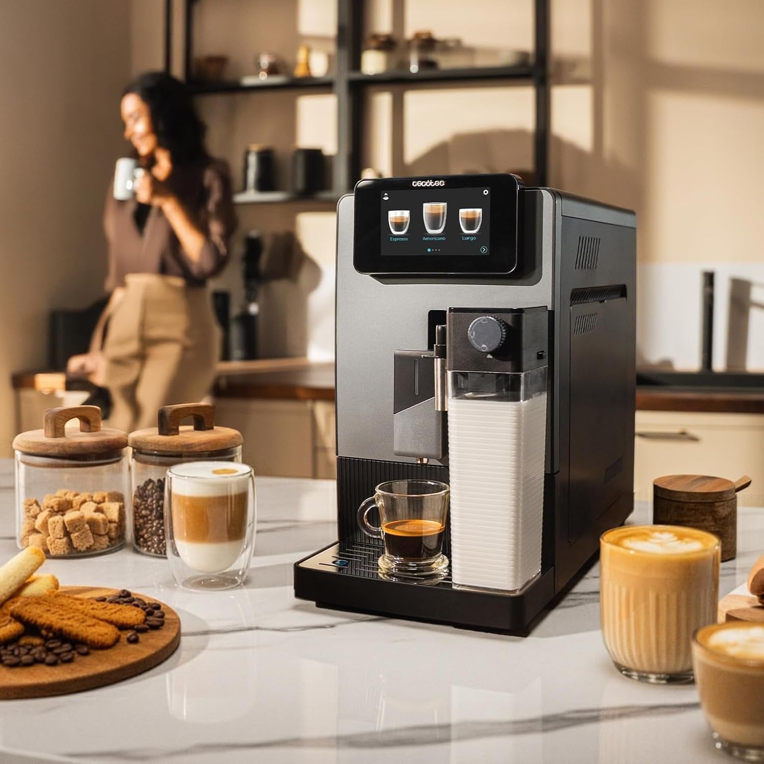 Cecotec Cremmaet Latte Kaffeevollautomat | 19 Bar | Kegelmahlwerk | 6 Getränke | Milchbehälter | Schwarz