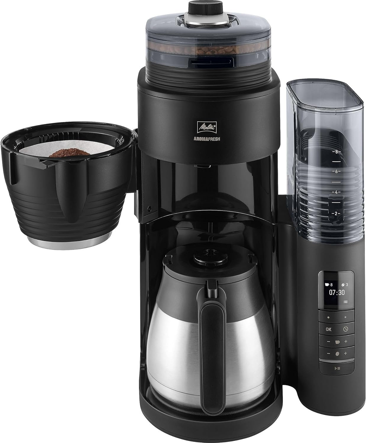 Melitta AromaFresh Therm Pro X Filterkaffeemaschine | Keramikmahlwerk | Thermoskanne | Timer | Schwarz