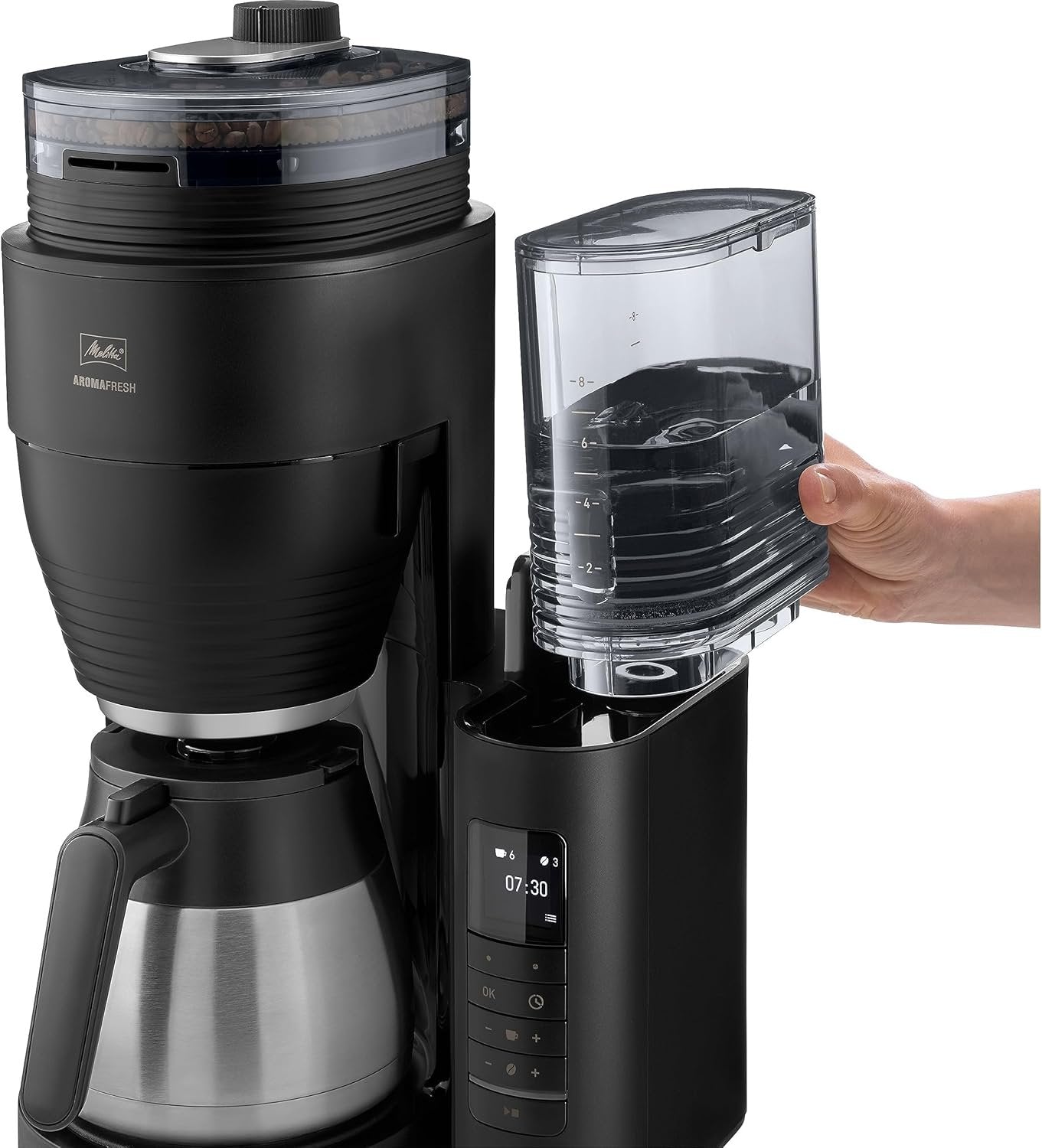 Melitta AromaFresh Therm Pro X Filterkaffeemaschine | Keramikmahlwerk | Thermoskanne | Timer | Schwarz